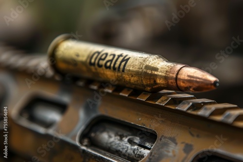 A bullet with the word death on it is sitting on a rifle