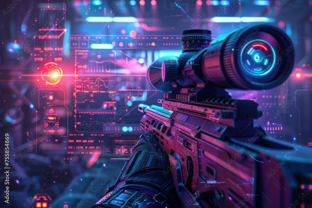 A person is holding a gun in a futuristic setting A person is holding a gun in a futuristic setting