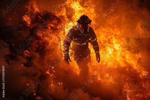 a firefighter wearing fireproof clothing was walking through the flames with his body burned by the flames. True Hero. AI Generative