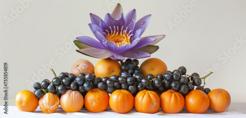 A vibrant violet Lotus flower caps a pyramid of sunny tangerines and jet-black grapes, set