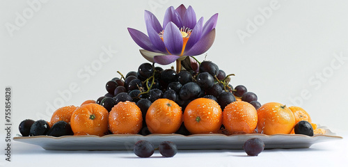 A vibrant violet Lotus flower caps a pyramid of sunny tangerines and jet-black grapes, set