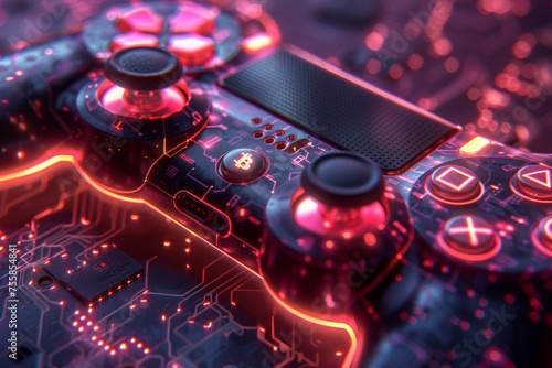 A close up of a video game controller with a red glow