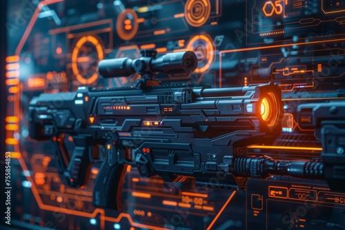 A futuristic looking gun with a red light on the barrel