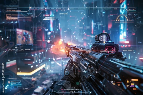 A futuristic cityscape with a soldier holding a gun © top images