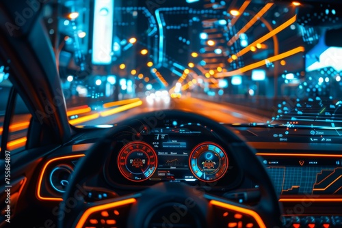 A car is driving down a city street at night with a bright orange steering wheel