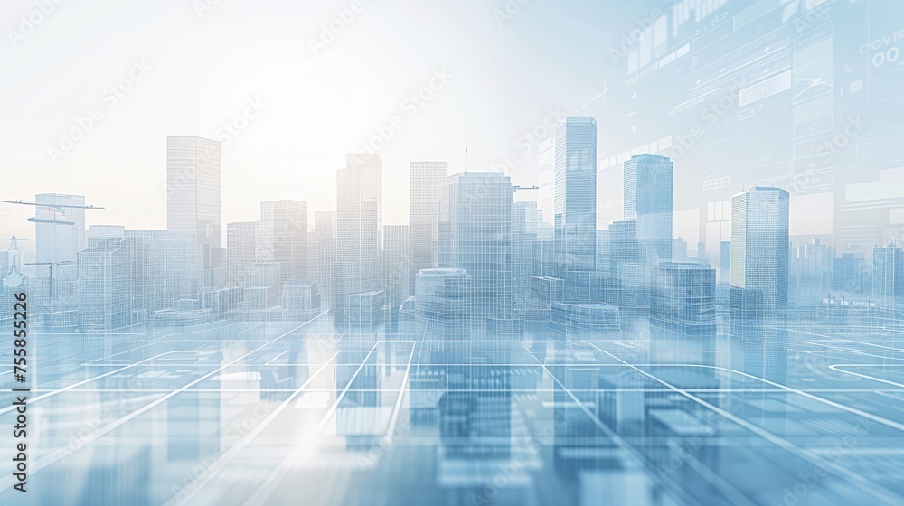 Naklejka premium Futuristic smart city with high tech buildings, smart transportation, drones, and green spaces