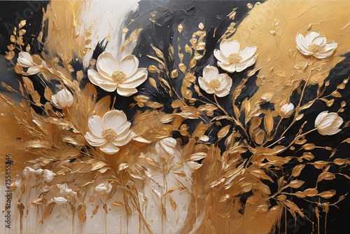 Abstract floral background with gold and black colors. painting on canvas