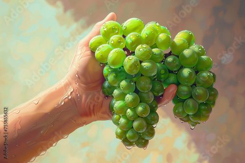 A vivid, ultra high-definition close-up of a hand delicately holding a bunch of vibrant, green grapes, with water droplets reflecting the light, set