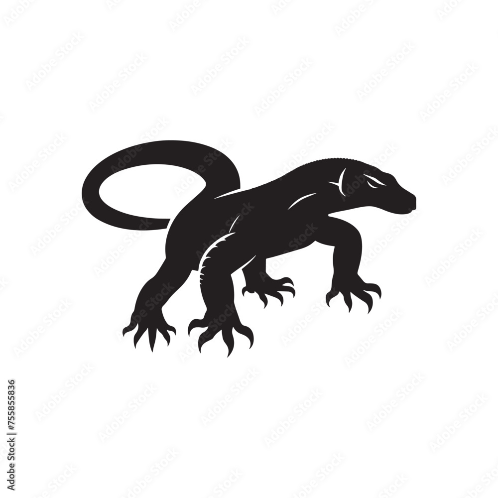 Regal Reptiles: Vector Komodo Dragon Silhouette, Minimalist Black Komodo dragon Illustration.