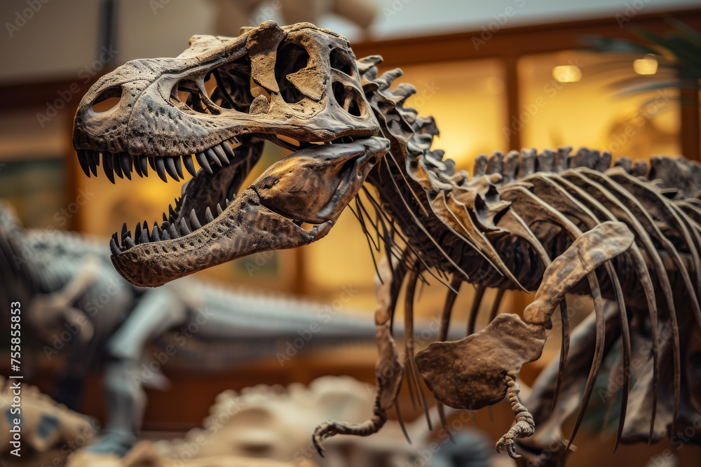 Fototapeta premium Dinosaur skeleton. Background with selective focus and copy space