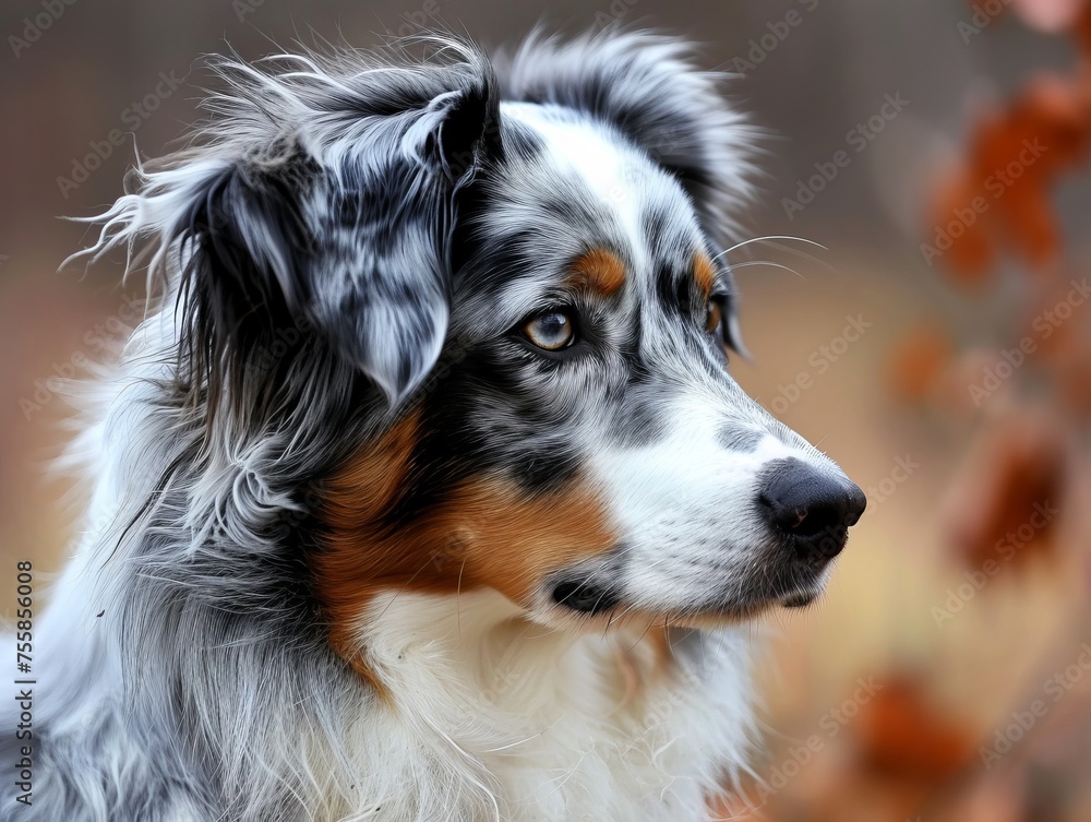An elegant Australian Shepherd dog, set against a blurred autumn background, ideal for lifestyle themes or pet-related design and advertising