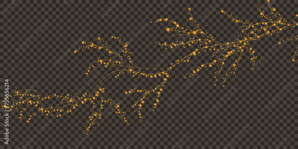 Holiday decor element in the form of a glowing sakura branch. Abstract glowing dust. Christmas background made of luminous dust. Vector png. Floating cloud of holiday bright little dust.