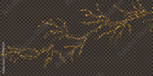 Holiday decor element in the form of a glowing sakura branch. Abstract glowing dust. Christmas background made of luminous dust. Vector png. Floating cloud of holiday bright little dust.