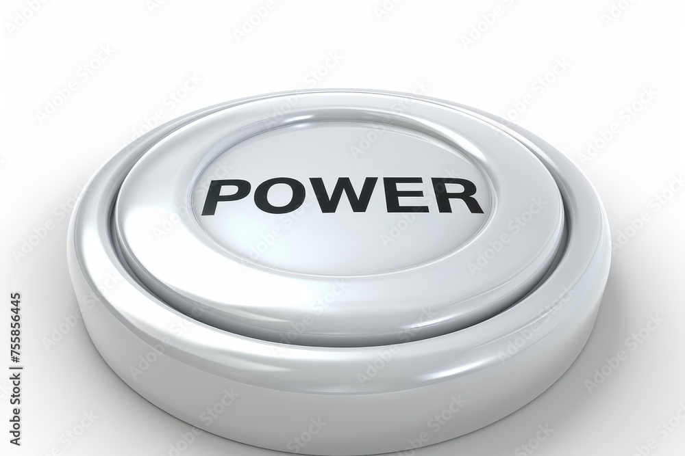 Shiny power button with illuminated power text on white background, modern technology concept Shiny power button with illuminated power text on white background, modern technology concept