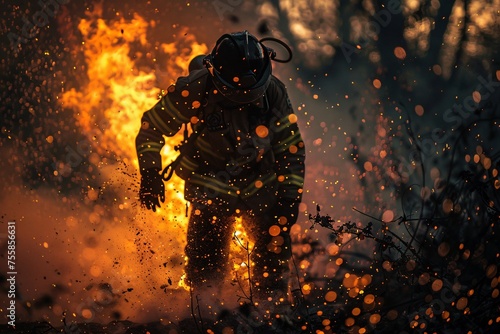 a firefighter wearing fireproof clothing was walking through the flames with his body burned by the flames. True Hero. AI Generative photo
