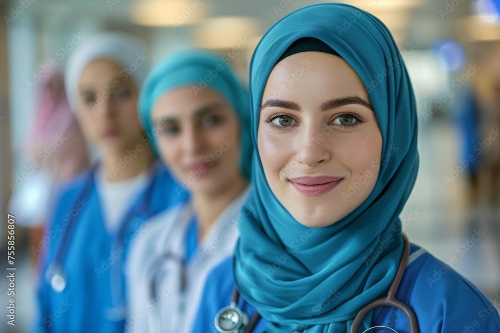 Three women wearing blue scrubs and blue head scarves are smiling for the camera Three women wearing blue scrubs and blue head scarves are smiling for the camera