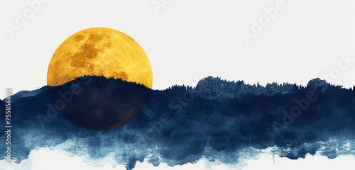 A serene moonlit night, with the moon in yellow and the sky in dark blue ink, quietly atmospheric, isolated on white background