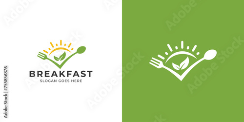 Creative Breakfast Logo. Breakfast and Sunrise, Diet Menu with Simple Minimalist Style. Healthy Food Logo Icon Symbol Vector Design Template.