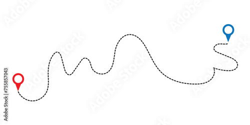 Route icon between two points with dotted path and location pin. Location pointer continuous one line drawing. GPS navigation line route mark.eps10