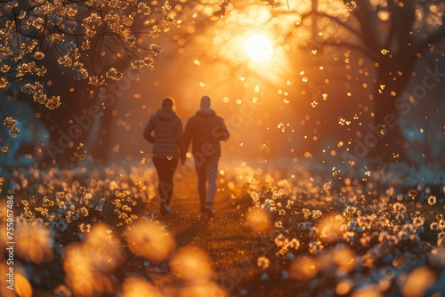 A couple walking through a field of flowers with the sun shining on them
