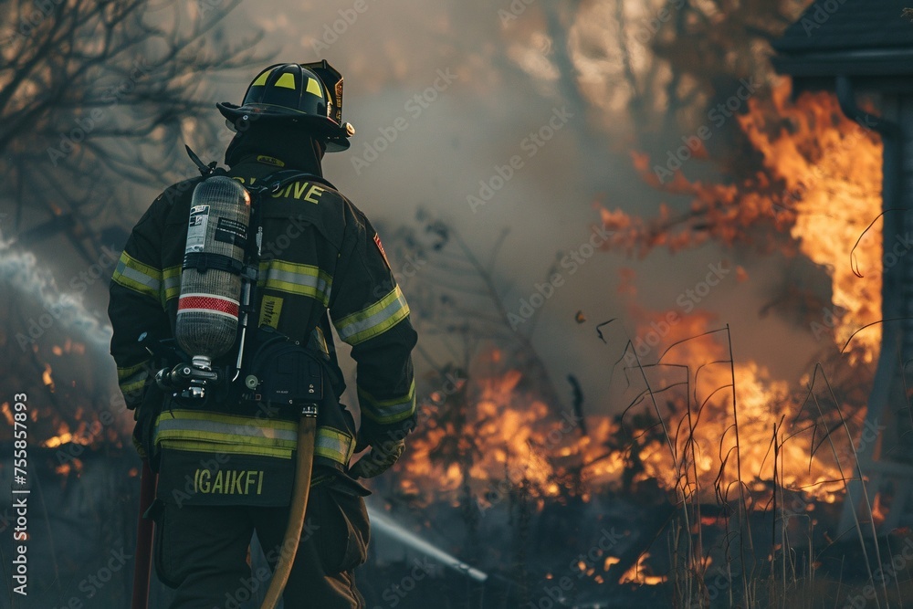 Professional Firefighter Extinguishing Large, High-Priority Part of the Fire. AI Generative Professional Firefighter Extinguishing Large, High-Priority Part of the Fire. AI Generative