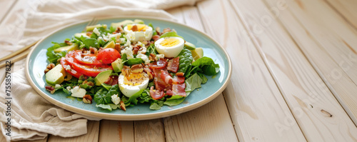 Cobb Salad with Egg and Bacon on a Wooden Table with Space for Copy
