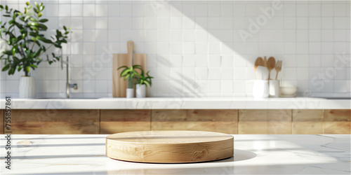 Kitchen table podium background. White kitchen with wooden stand for food product display. Empty wall, modern desk with wood board 3d abstract template