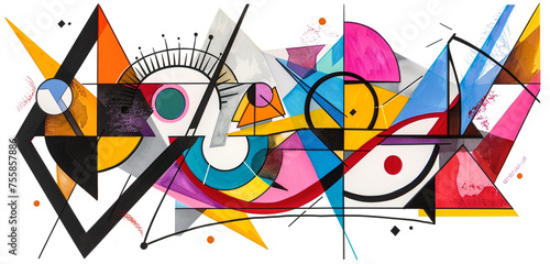 A series of geometric shapes, outlined in bold black ink and filled with vibrant colors, abstractly designed, isolated on white background