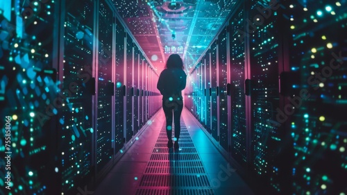 Silhouetted person in data center with red lights - A person stands silhouetted against vibrant red and pink lights in a data center hallway, depicting data analysis or cybersecurity