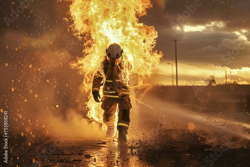 a firefighter wearing fireproof clothing was walking through the flames with his body burned by the flames. True Hero. AI Generative photo