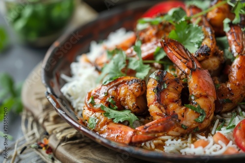 Shrimp skillet with herbs and rice - Grilled shrimp delight with aromatic herbs atop fluffy rice, a dish that balances tradition and modern tastes