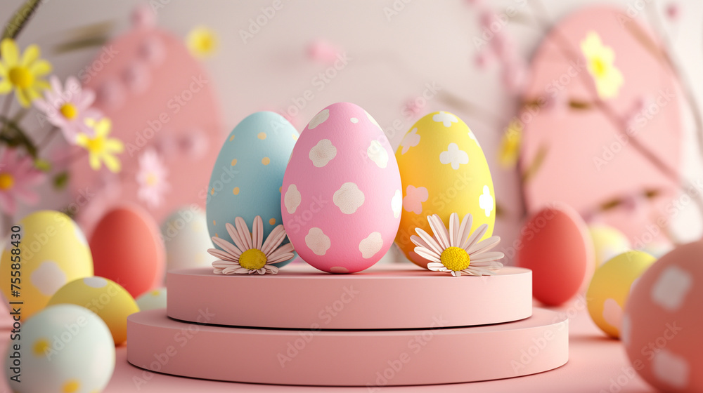 3d happy easter decorated product showcase podium with different, colorful, patterned easter eggs. 