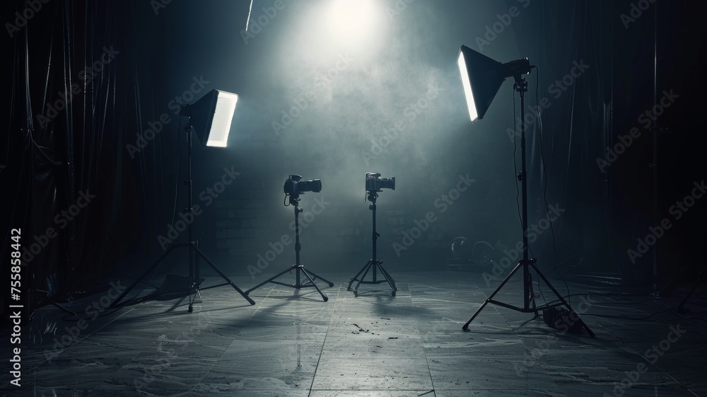 Professional lighting equipment on set - A dramatic professional film set with high-end lighting equipment