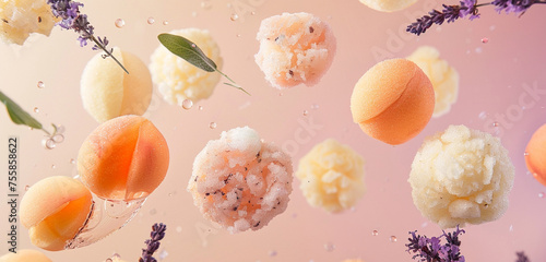 A collection of floating, airy puffs, each a different savory flavor, in a delicate palette of sage, peach