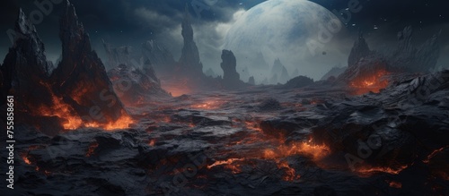 A computer generated image of a lava field under a full moon, with dramatic clouds in the dusky sky. The geological phenomenon creates a stunning landscape against the horizon