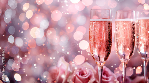 Pink rose champagne glasses close up, generative ai