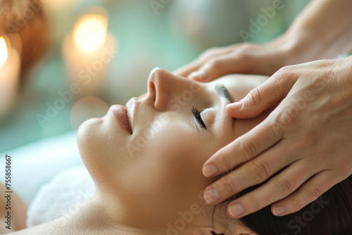Pressure of a masseur's hands relieving tension in a client's scalp and temples. Generative AI