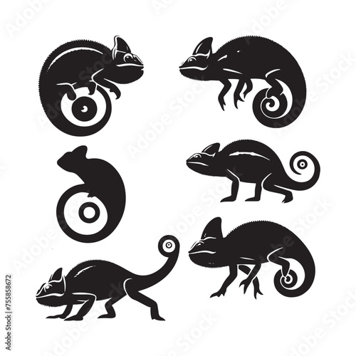 Colorful Camouflage: Vector Chameleon Silhouette, Minimalist Black chameleon Illustration.