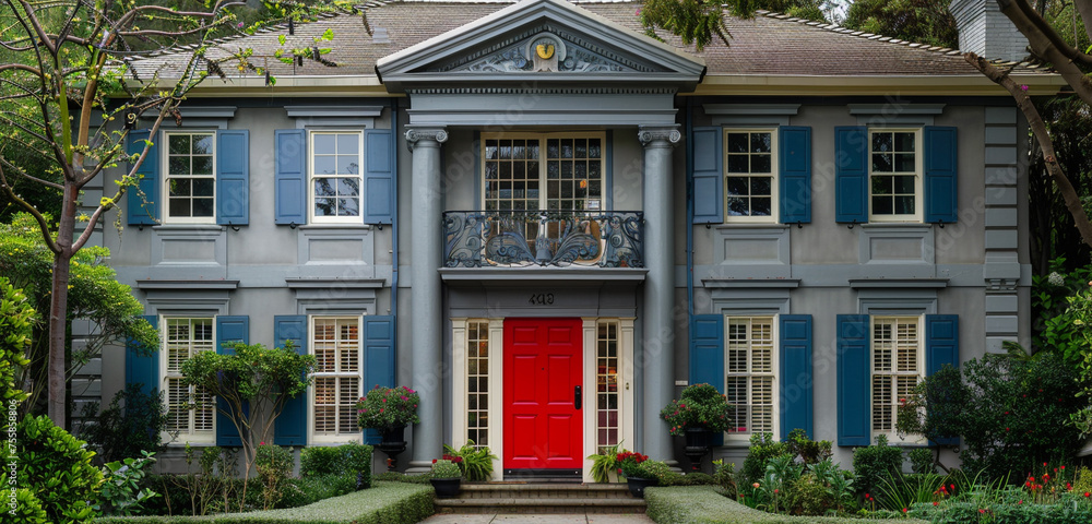 An enchanting classical house with a symmetrical facade, featuring a dove grey exterior, powder blue window frames, and a striking scarlet door An enchanting classical house with a symmetrical facade, featuring a dove grey exterior, powder blue window frames, and a striking scarlet door