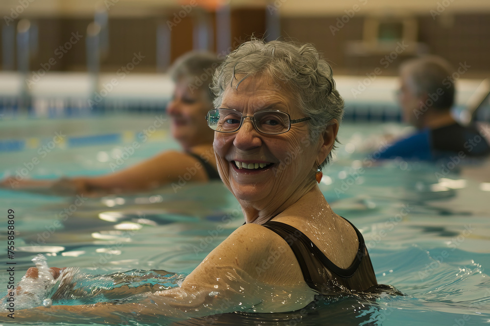 Older adults taking water running classes at a local pool and whose spirits are lifted. Generative AI. Older adults taking water running classes at a local pool and whose spirits are lifted. Generative AI.