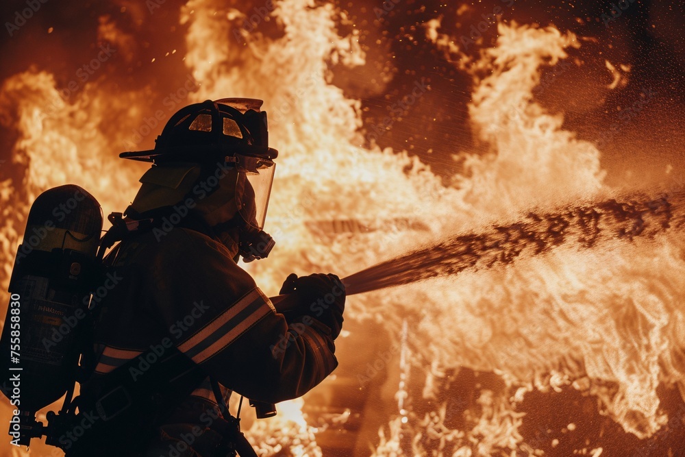 Professional Firefighter Extinguishing Large, High-Priority Part of the Fire. AI Generative Professional Firefighter Extinguishing Large, High-Priority Part of the Fire. AI Generative