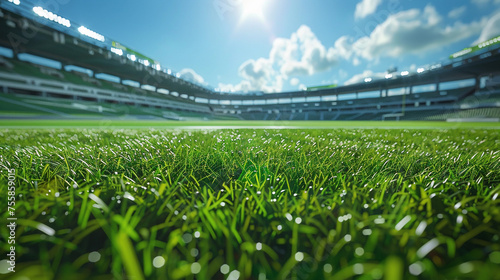 An empty soccer stadium captured with lush green grass in the foreground, showcasing the vast expanse of the sports arena.