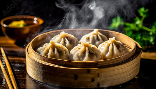 BOLINHOS DE SOPA CHINÊS COZIDOS NO VAPOR EM VAPORERA DE BAMBU photo