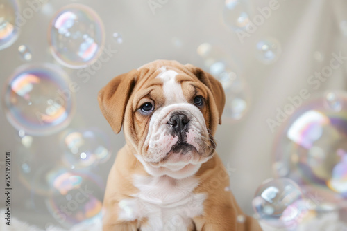 Puppy Among Bubbles - A cute fawn-colored bulldog puppy looks curiously at flying soap bubbles.