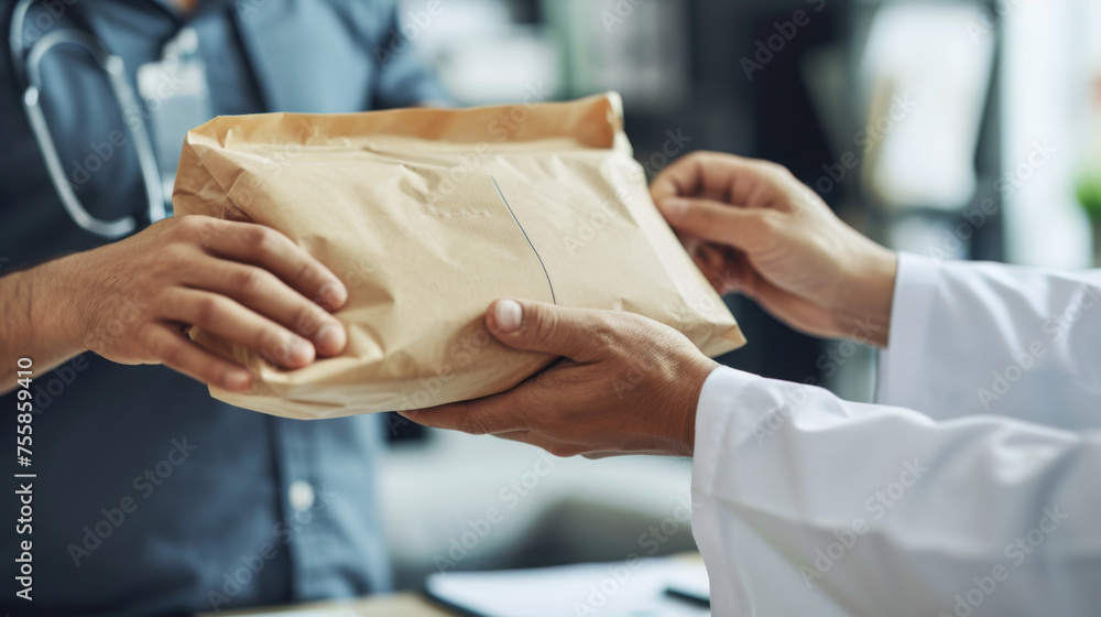 Person in a lab coat receiving a package from another person, representing a delivery or transfer of goods, possibly medical supplies or documents, in a healthcare setting. Person in a lab coat receiving a package from another person, representing a delivery or transfer of goods, possibly medical supplies or documents, in a healthcare setting.