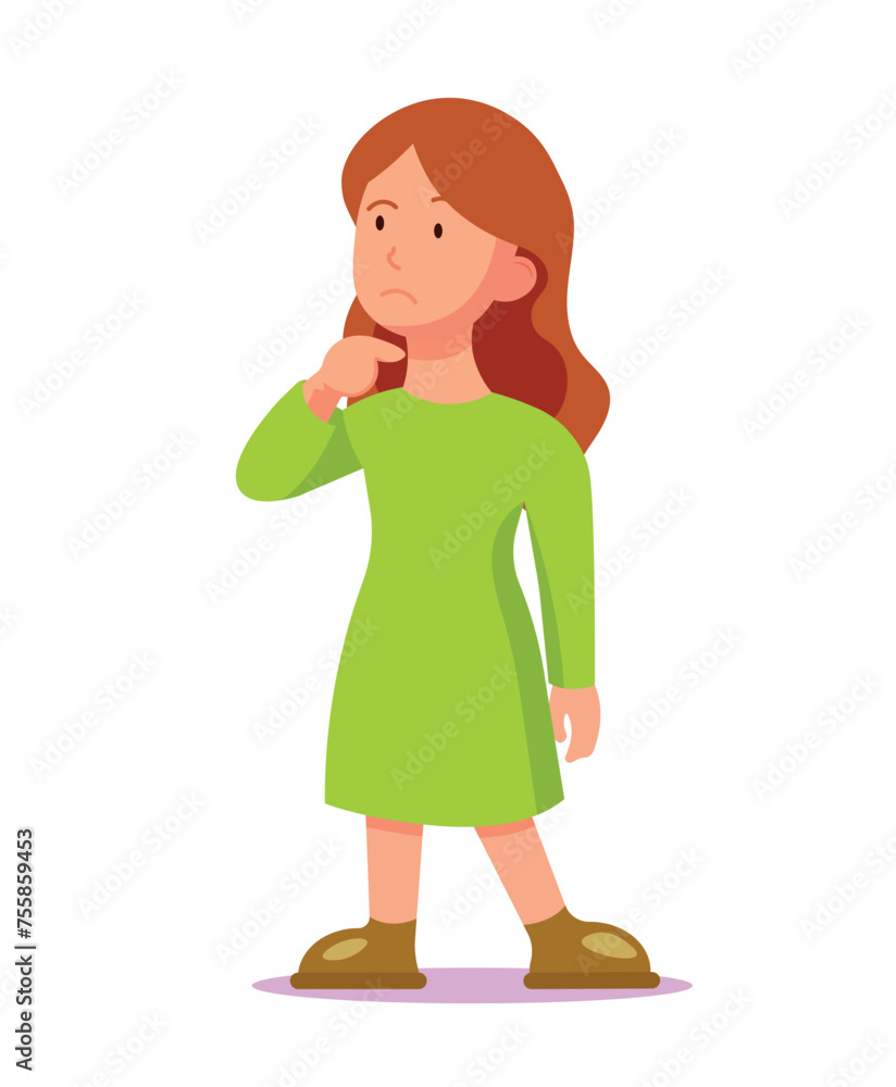 The girl character stands and scratches her chin with her hand. The girl is thinking about how to solve the problem at hand. Illustration in flat style. The girl character stands and scratches her chin with her hand. The girl is thinking about how to solve the problem at hand. Illustration in flat style.