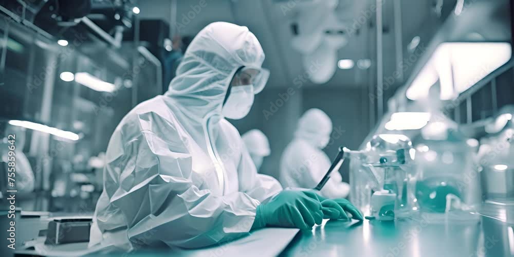 Pharmaceutical research lab or bio labs with equipment used with people in clean room suits or PPE equipment. A researcher in a sterile clean room suit. 4K Video