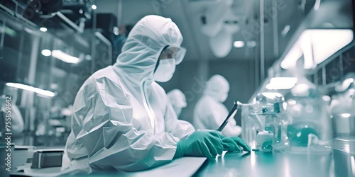 Pharmaceutical research lab or bio labs with equipment used with people in clean room suits or PPE equipment. A researcher in a sterile clean room suit. 4K Video photo