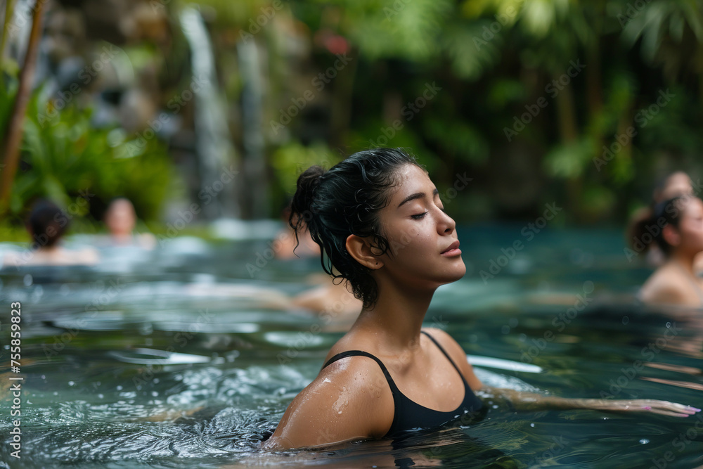 Fototapeta premium young adults having water therapy at a luxury resort. Generative AI.