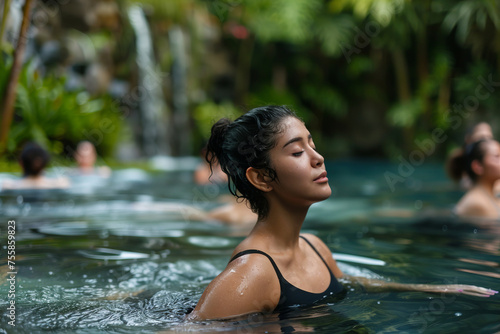 young adults having water therapy at a luxury resort. Generative AI.